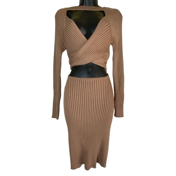 Fashion Nova XL Tan Ribbed Crossover Bodycon Midi Dress Sexy Stretch Feminine - Picture 1 of 6